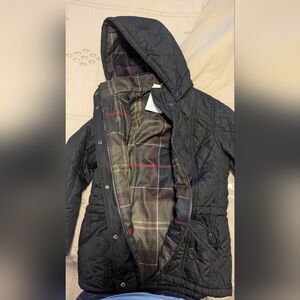 Black Quilted Hooded Jacket with Plaid Lining
